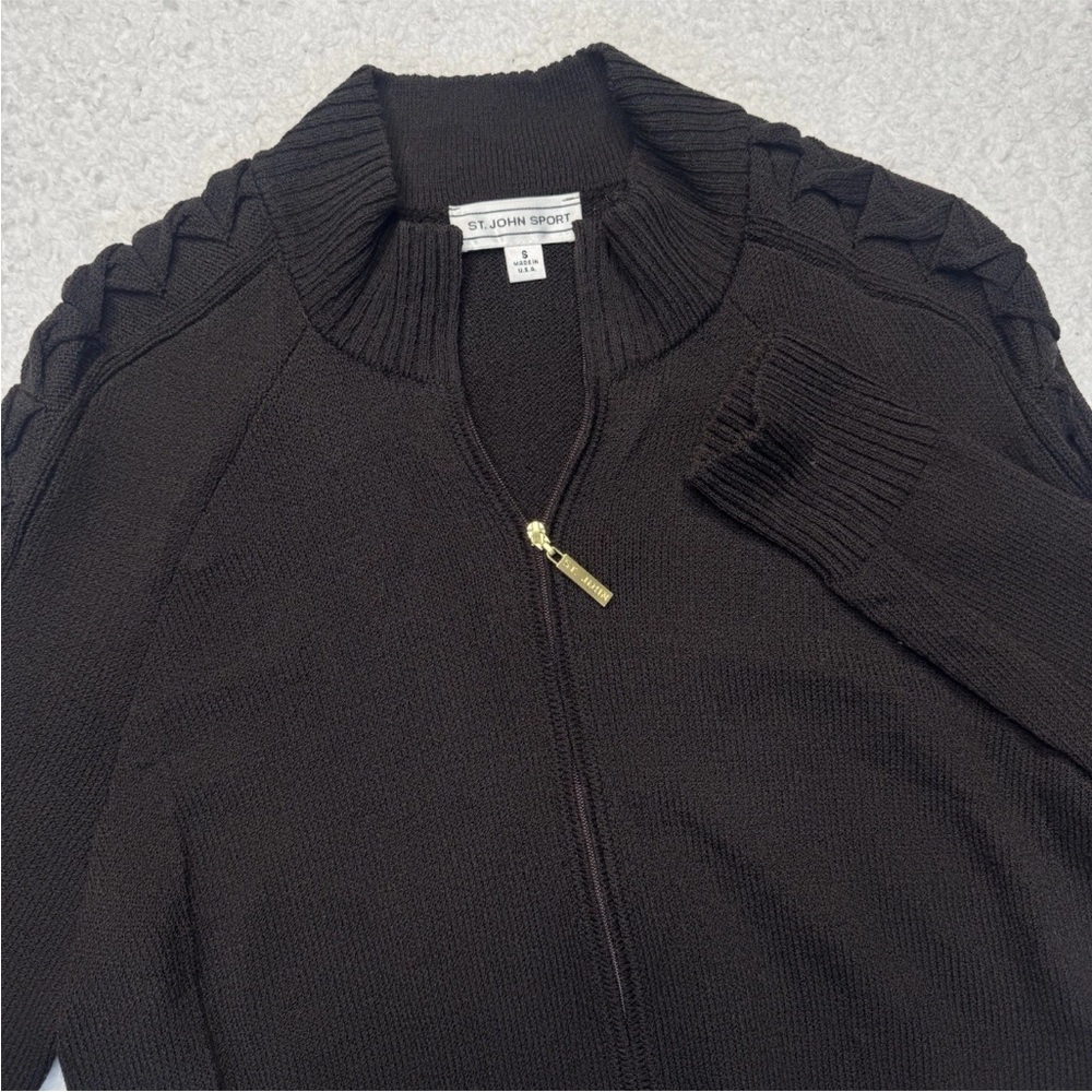 St. John Sport‎ Dark Brown Knit Zip Cardigan Sweater Womens Small Brown Luxury